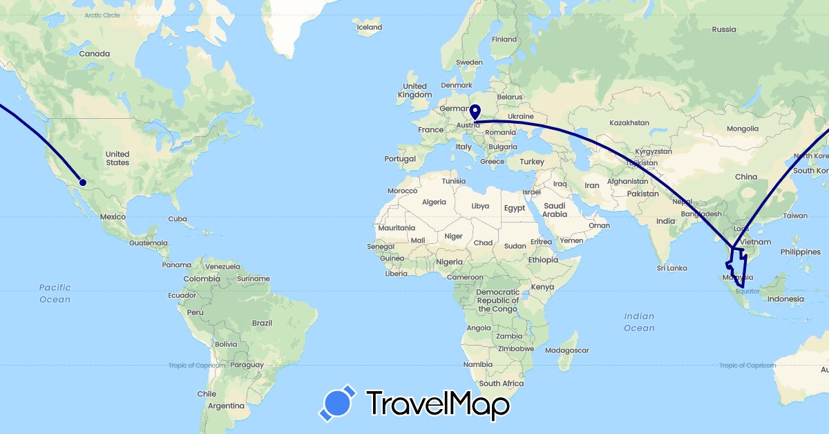 TravelMap itinerary: driving in Austria, Cambodia, Malaysia, Singapore, Thailand, United States (Asia, Europe, North America)